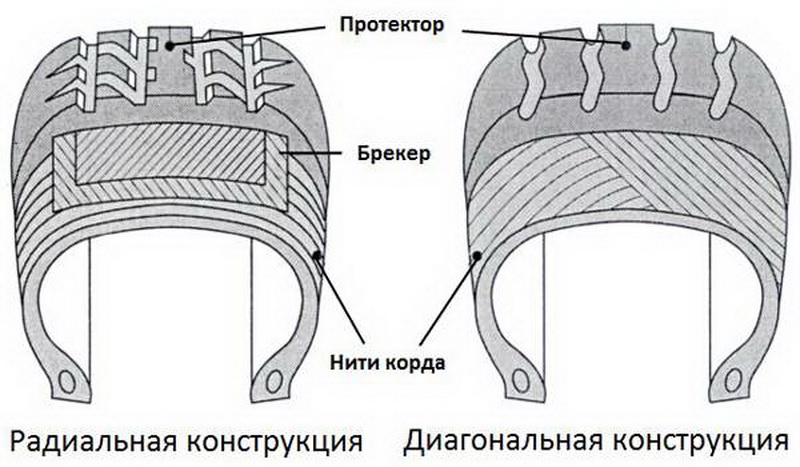 Расположение нитей корда на радиальном и диагональном каркасе шин